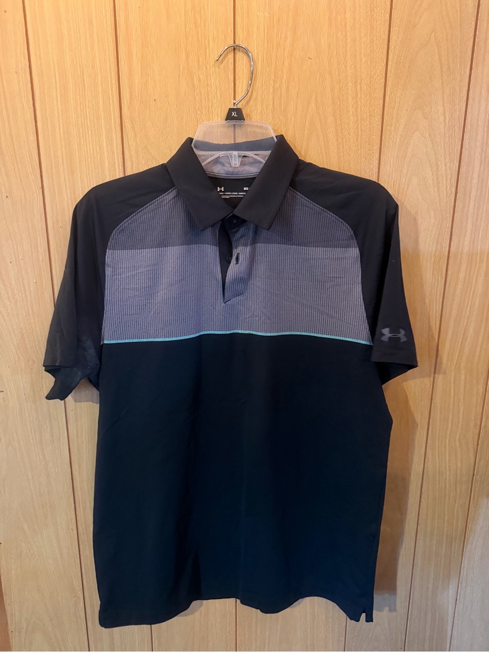 Under Armour Men’s Black Polo with Gray Chest Panel and Teal Stripe